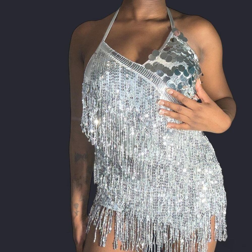 Nwot silver sequin fringe halter mini dress